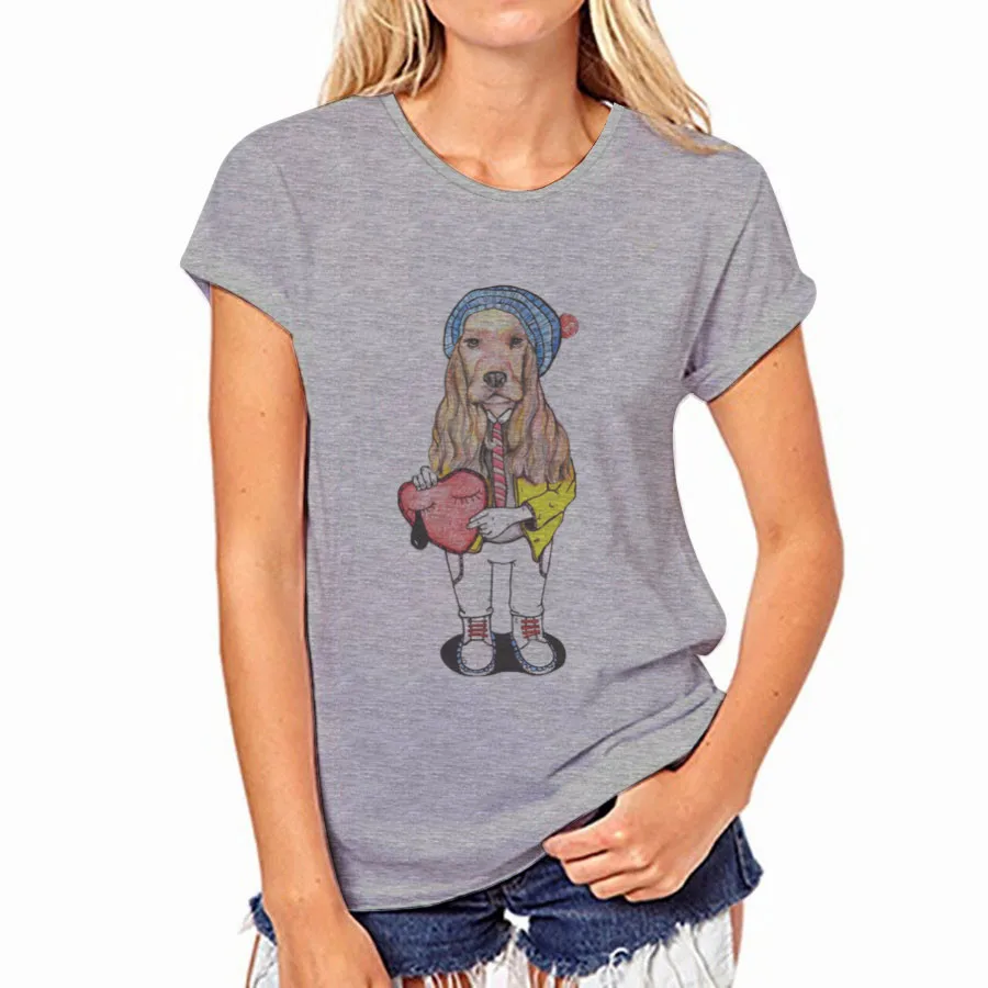 

New Foreign Trade Gray Printed Dog T-shirt with Woman Round Neck and Short Sleeve