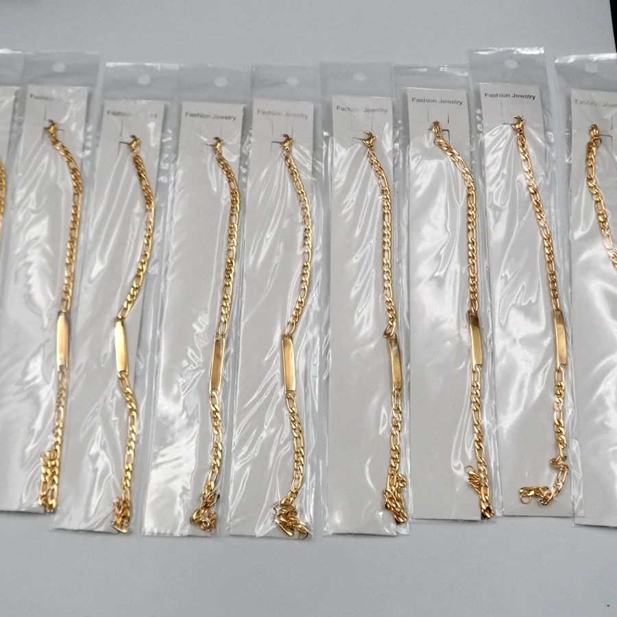 

on sale 10pcs Lot Gold stainless steel 4mm figaro NK Chain Women Men ID Bracelet Jewelry 8.66''