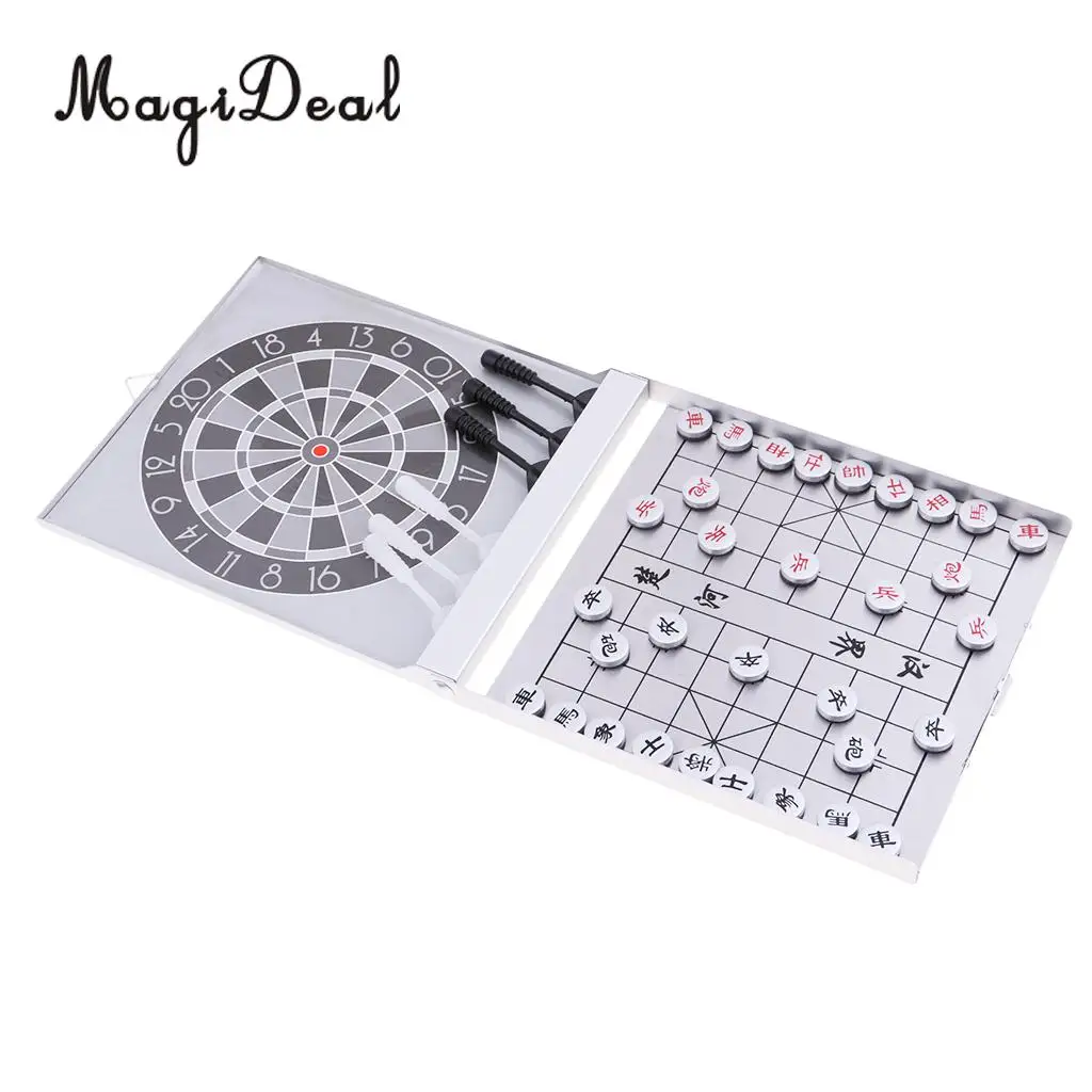 MagiDeal 2 in 1 Portable Mini Magnetic Chinese Chess Checkers Pieces Set XiangQi Chess with Darts Board Family Game Kids Toy