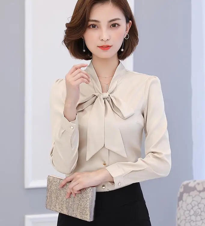

Free Shipping High Quality Plus Size S-3XL OL Style Bowknot V Collar Long Sleeve Woman Satin Top
