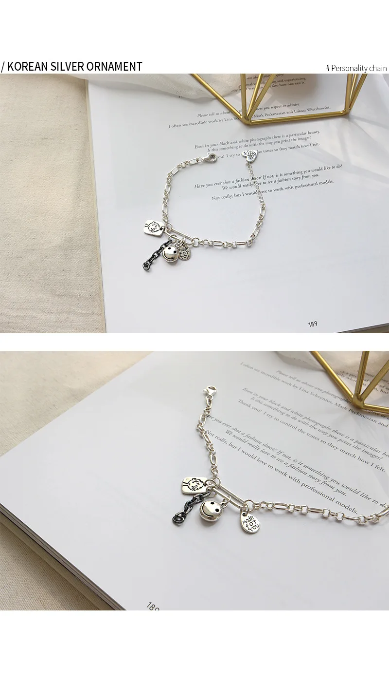 Улыбающееся лицо буквенный ярлык шарм браслеты 925 стерлингового серебра женские ювелирные изделия браслет специальная цепочка браслет с омаром Винтажный стиль