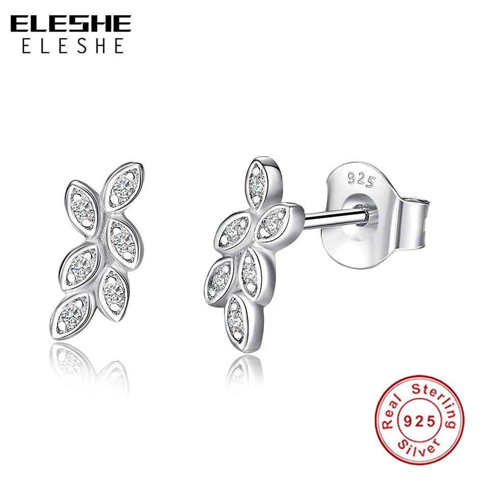 ELESHE Shiny 925 Sterling Silver Crystal Earrings Cubic Zirconia Leaf Stud Earrings Wedding Jewelry for Women
