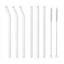 Прозрачные стеклянные многоразовые смузи соломинки, прозрачные изогнутые соломинки, 20 см X 10 мм набор из 6 с 2 чистящими щетками