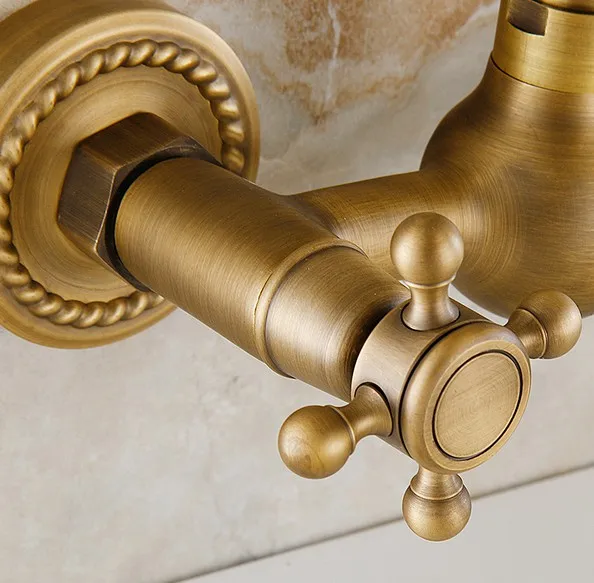 Antique Brass Wall Mounted Dual Cross Handles Swivel Spout Kitchen Sink Bathroom Basin Faucet Cold & Hot Mixer Tap asf006a