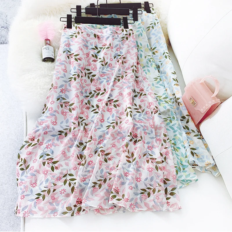 

Wasteheart Summer New Pink Blue Women Skirt Casual High Waist A-Line Mid-Calf Long Skirt Chiffon Clothing Printed Ins
