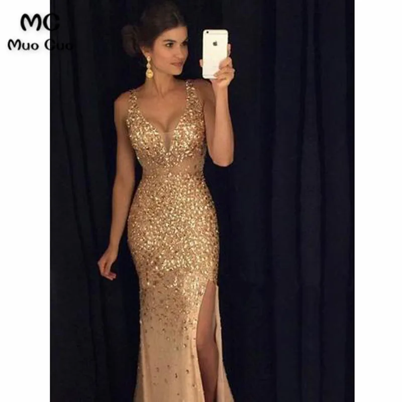 Luxurious Mermaid V-neck Sequin Gold Long Prom Dresses4