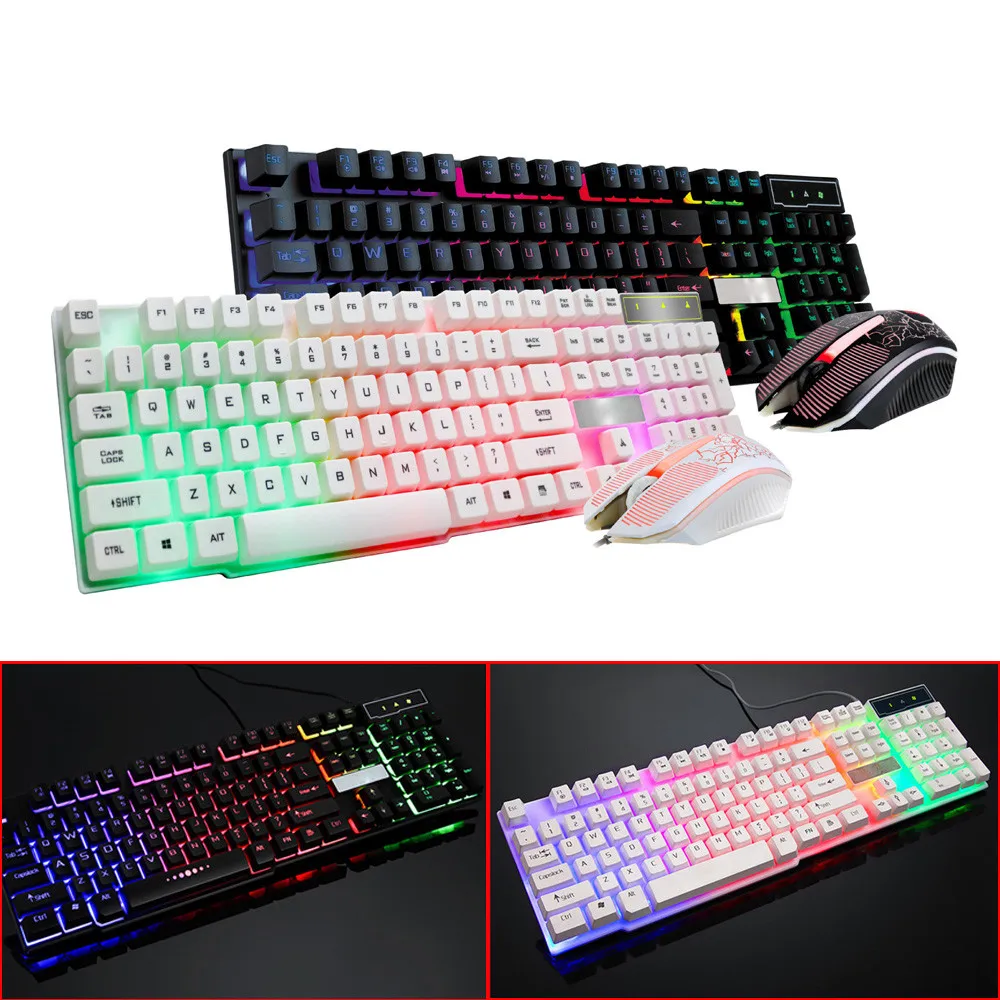 

Desktop Computer Keyboard Colorful Crack LED Illuminated Backlit USB Wired Rainbow Gaming Keyboard+Mouse