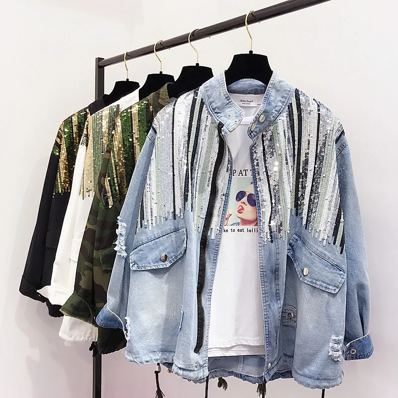 Best  2019 Fashion Sparkle Striped Sequins Denim Jacket Women's Army Green Camouflage Jacket Sequined Lon
