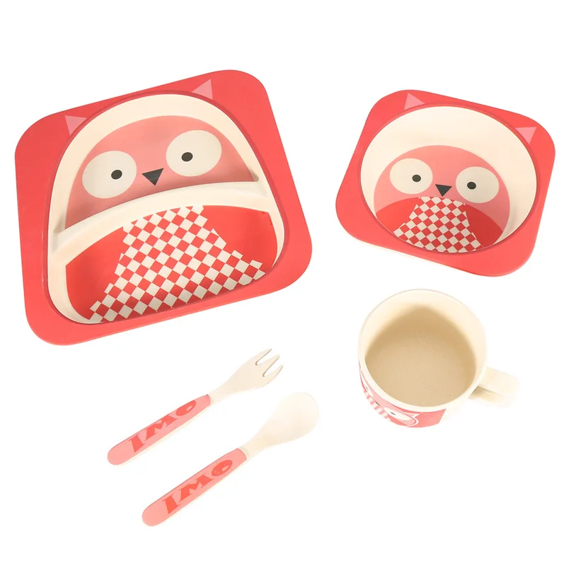 5Pcs Cartoon Bamboo Tableware Animal Baby Feeding Food Bowl Infant Kids Plate Eco-friendly Cute Children Baby Eating Food Bowl