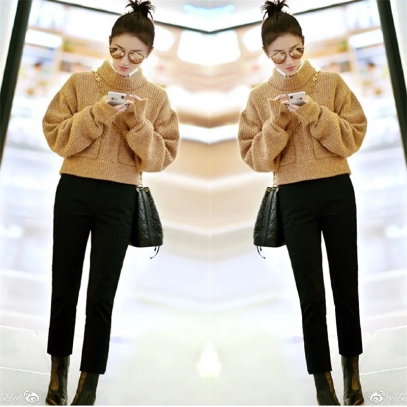 King Sweet Star of The Same Light Khaki Loose Big Pocket Semi-turtleneck Sweater New Woman 2019 Sweater Clothes Women