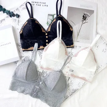 

Wriufred Sexy Lace Embroidery Bralette Triangle Cup Bra Breathable Wire Free Underwear Female Plus Size Button Lingerie