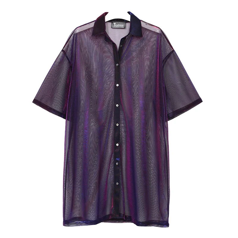 Trytree лето осень женская блузка Прозрачная сетка Лазерная Солнцезащитная топ модные рубашки Солнцезащитная рубашка с коротким рукавом топы - Цвет: Purple