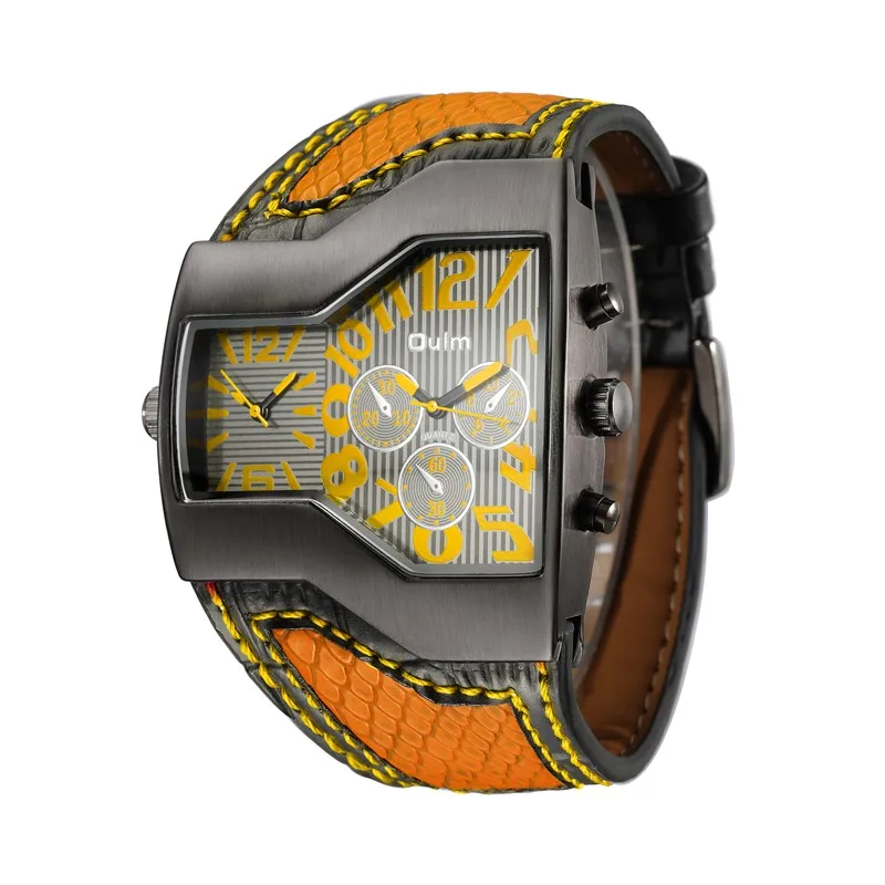 Oulm 1220 Luxury Brand Men Quartz Watches Two Time Zone Leather Strap Cool Mens Sports Watches Male Clock relogio masculino