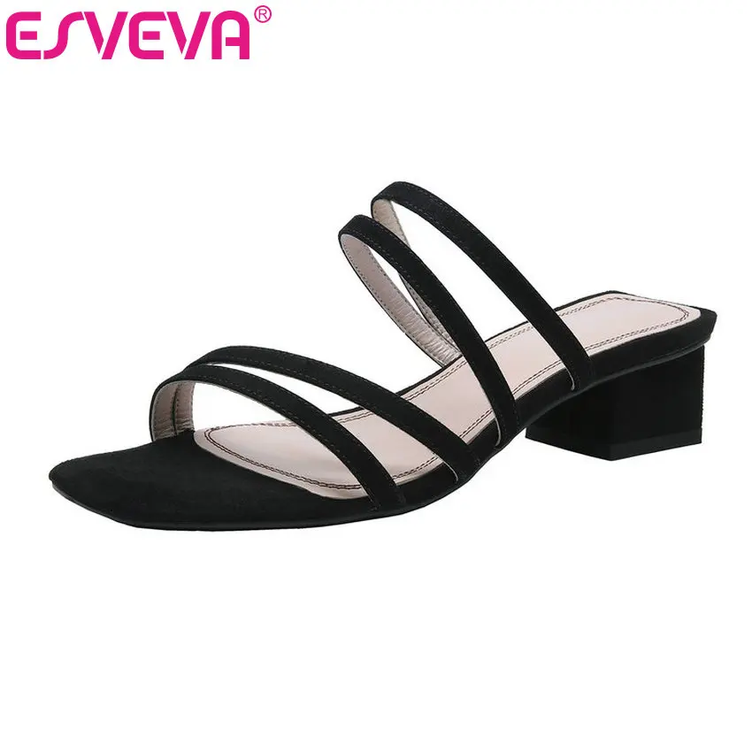 

ESVEVA 2019 Ladies Sandals Med Heel Slip On PU+Kid Suede Ladies Square Toe Summer Slingback Women Shoes Summer Size 34-39