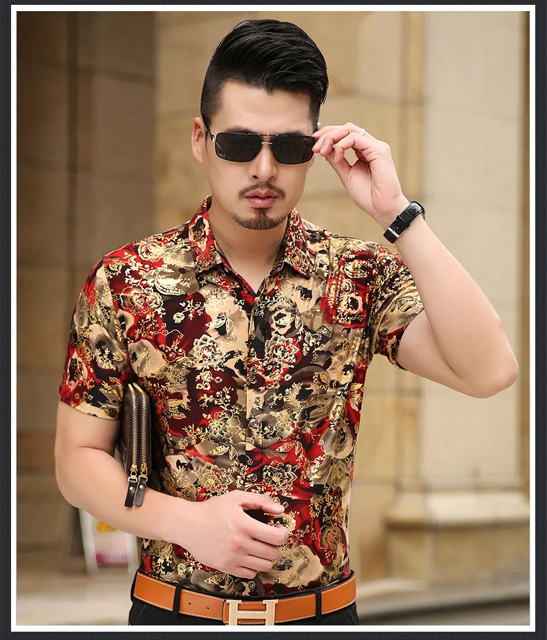 Floral Print Shirt Men 2017 Brand New Gold Bronzing Short Sleeve Chemise Homme Fancy Flower Mens Dress Shirts Camisa Masculina