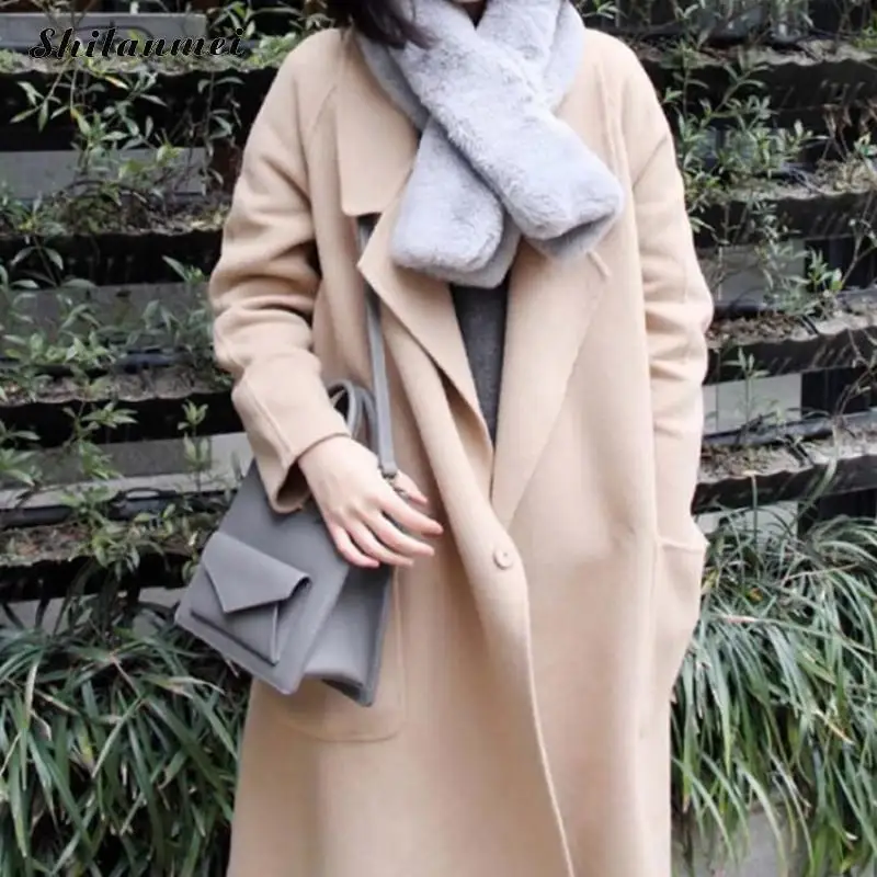 

Korean 2018 Women Autumn Winter Simple Wool Long Coat Female Robe Outerwear Manteau Femme Solid Long Sleeve Casaco Feminino Xxl