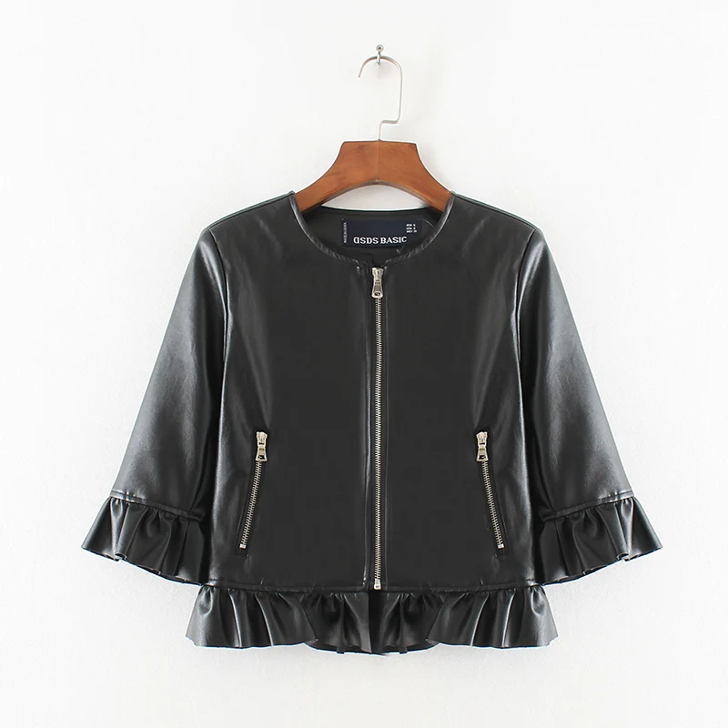 

Autumn Women Ruffles Faux Pu Leather Jacket Three-Quarter Sleeve O Neck Zipper Black Short Ladies Basic Jacket Fashion Coat