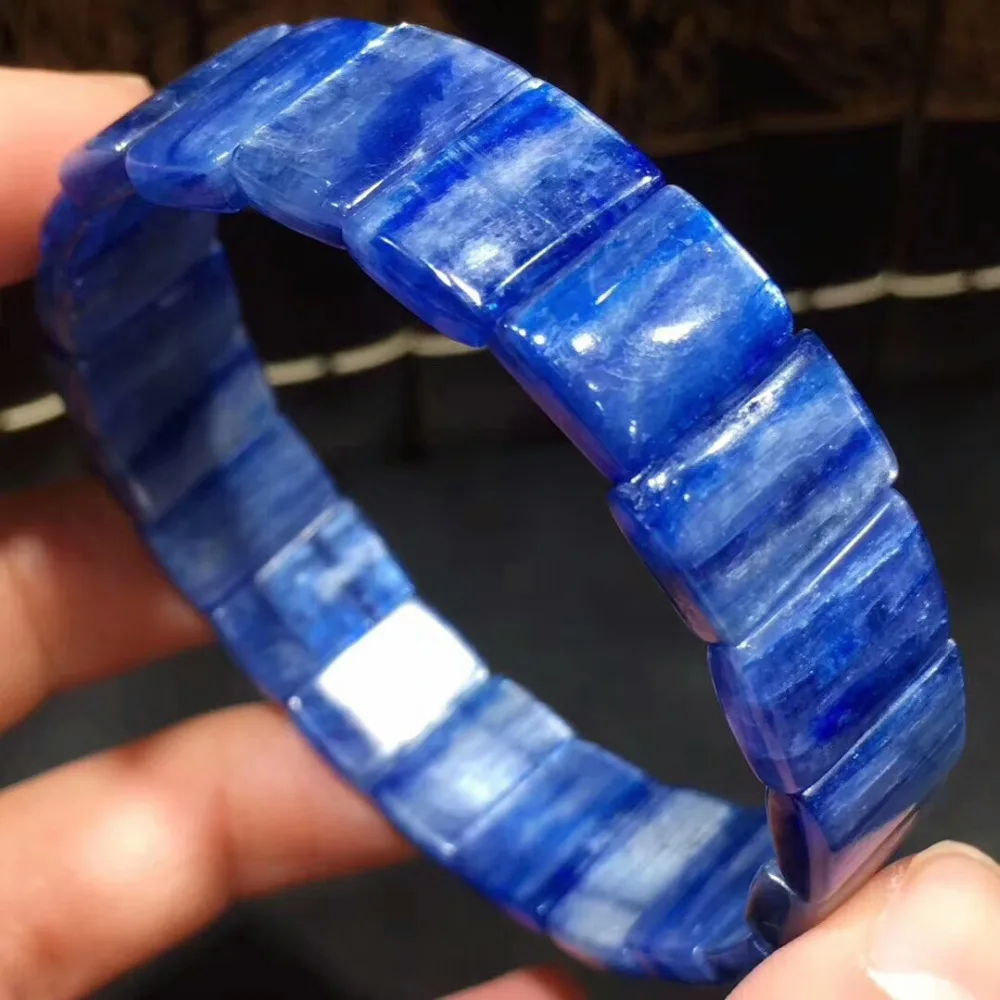 

100% Genuine Natural Blue Kyanite Gemstone Crystal Rectangle Beads Stretch Bangle Bracelets Cat Eye Gemstone Man Woman AAAAAA