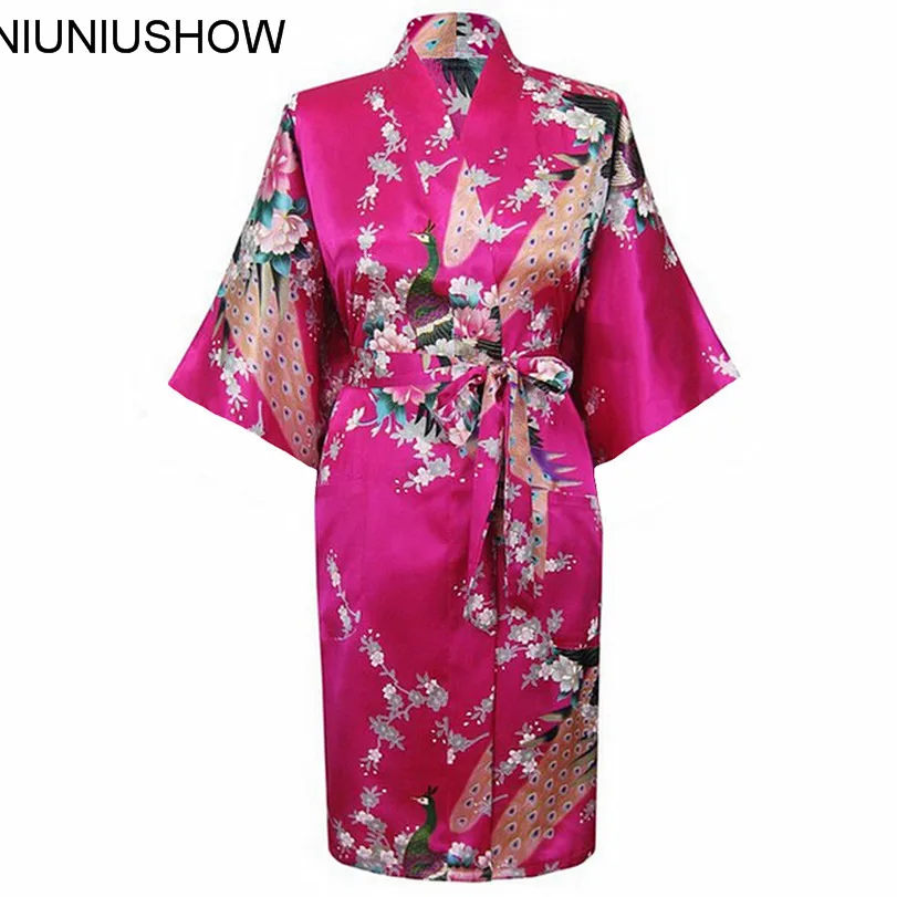 Hot Pink Classic Women's Polyester Robe Stylish Sexy Kimono Gown Lounge