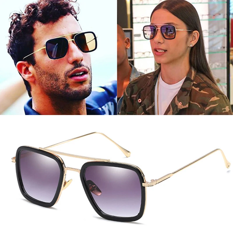 

2019 DPZ Fashion Avengers Tony Stark Flight Style Sunglasses Men Square Brand Design Sun Glasses Oculos De Sol Retro