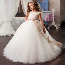 Романтические платья для девочек с цветочным узором цвета шампанского Пышное кружевное платье без рукавов для свадьбы Вечерние платья из органзы для причастия