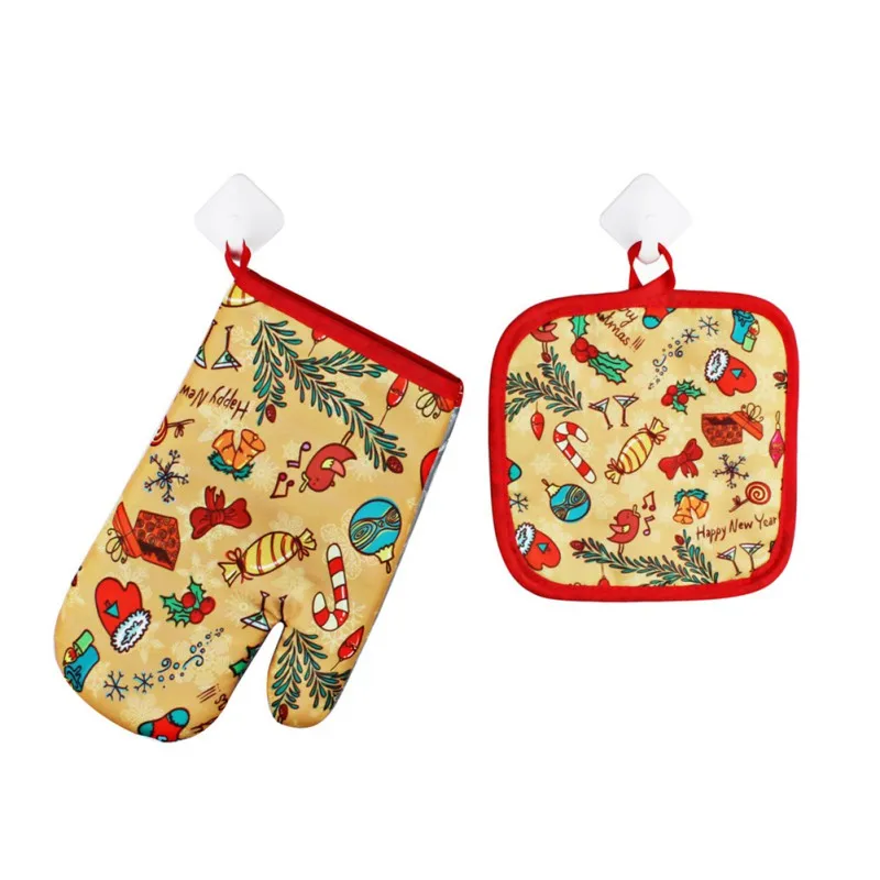 3//set Christmas Red Microwave Oven Gloves /& Insulating Mat Xmas Home Decor