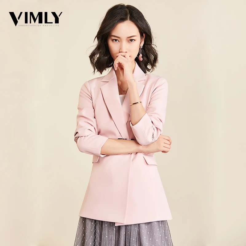 Женский блейзер Vimly офисный однотонный двубортный с карманами и длинным рукавом