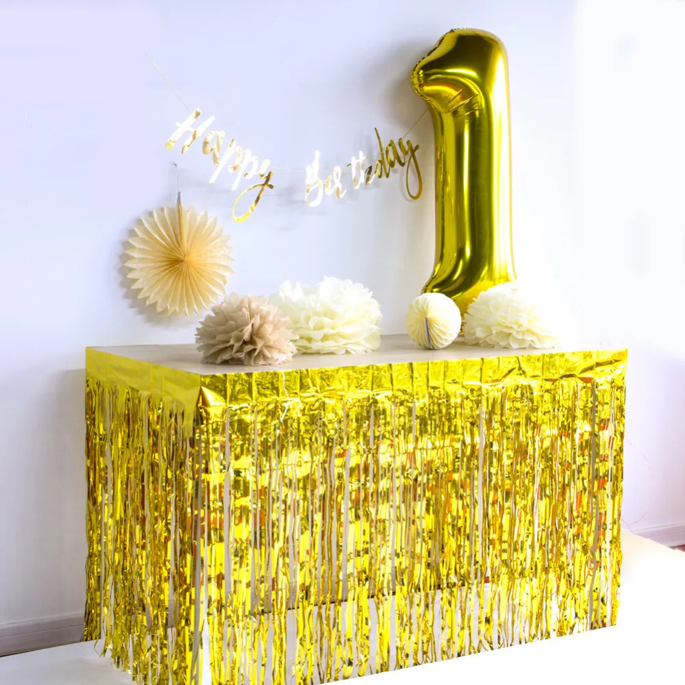 

1pc Gold Metallic Fringe Foil Tinsel Table Skirt for Summer Jungle Party Birthday 1st Anniversary Table Decoration