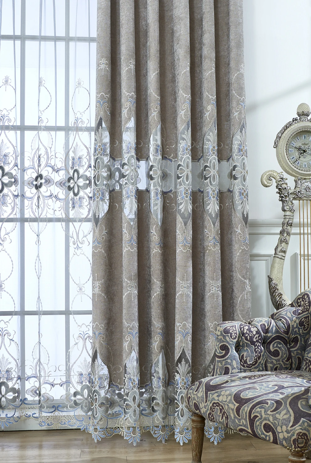 Роскошный стиль спальни Европейский шениль шторы для гостиной окна затенение серый ткань столовой Вышивка Тюль WP0783