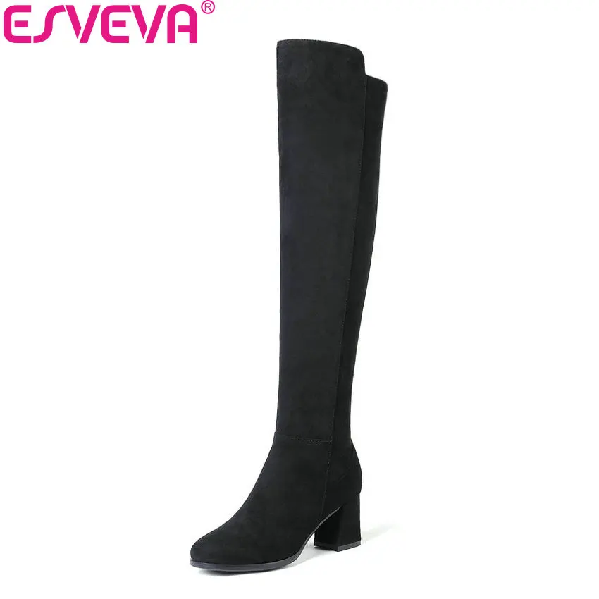 ESVEVA 2019 Women Boots Winter Warm Fur Over The Knee Flock Western Style Square High Heels Sewing Ladies Size 34-43 | Обувь