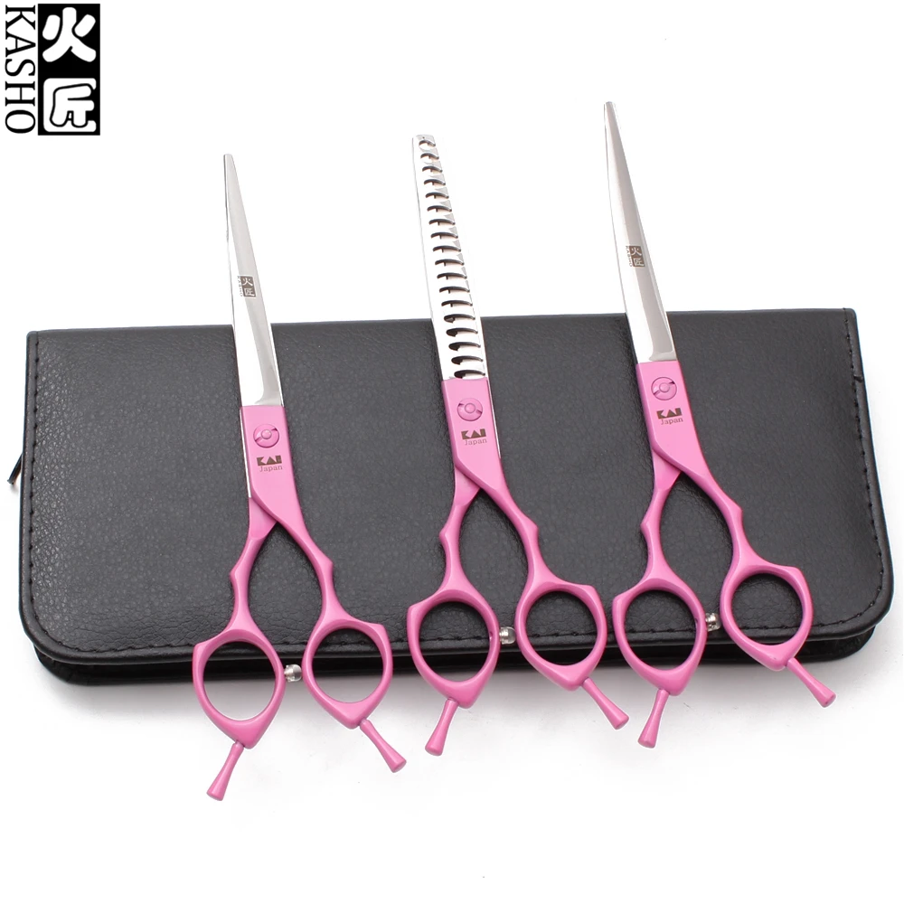 

H3009 7" 19.5cm 440C Kasho Pink Cutting Scissors Thinning Shears UP Curved Shears Professional Pets Scissors Grooming Shears Set