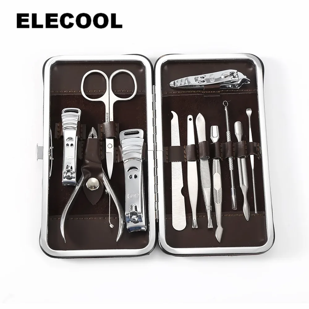 

ELECOOL 12pcs/case Stainless Steel Pedicure Manicure Set Nail Clipper Scissors Nail Care Nipper Cutter Cuticle Grooming Kit