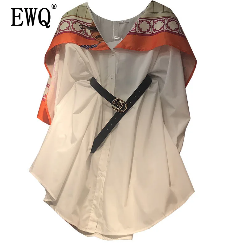 

[EWQ] Spring Autumn 2019 New Pattern V- Collar Long Sleeve Patchwork Hit Colors Single Breasted Lace Up Shirt Dress Women AE336