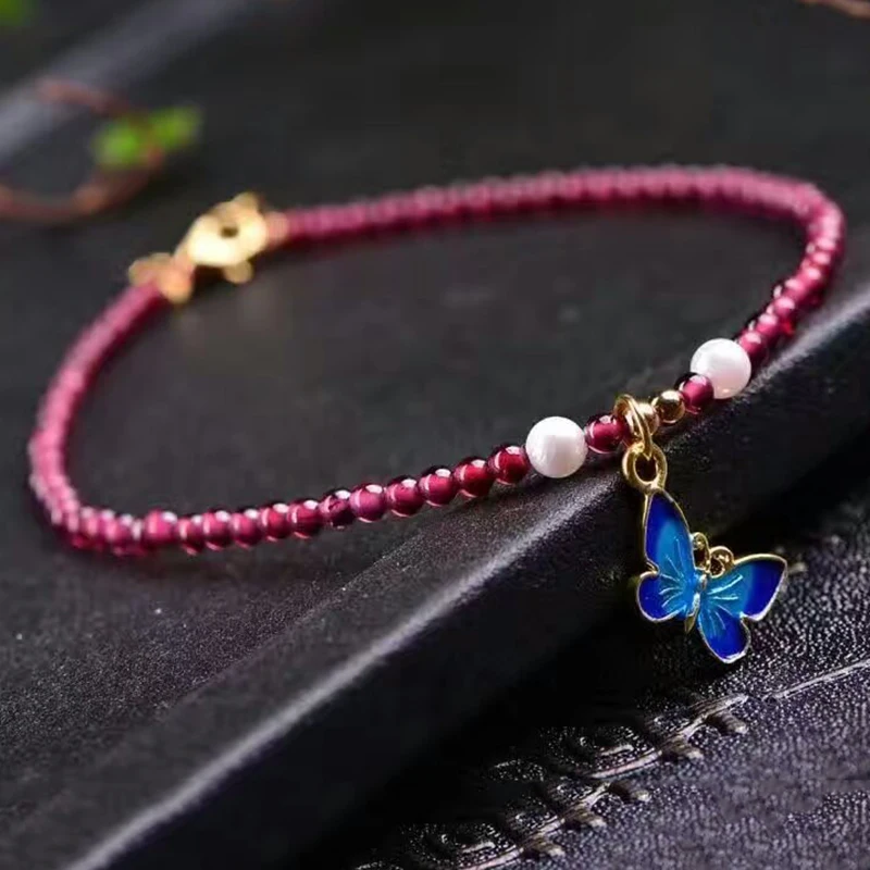 Wholesale Garnet Stone Natural Crystal Anklets With Baked Blue Butterfly Pendant Anklet Chain Women Anklet Simple Style Jewelry - Image 2
