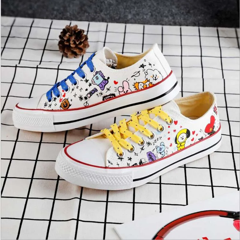 

New Hot Kpop BTS BT21 Bangtan Boys Canvas Low Tops Shoes JUNGKOOK JIMIN V Suga Women 2018 Casual Shoes white shoes woman