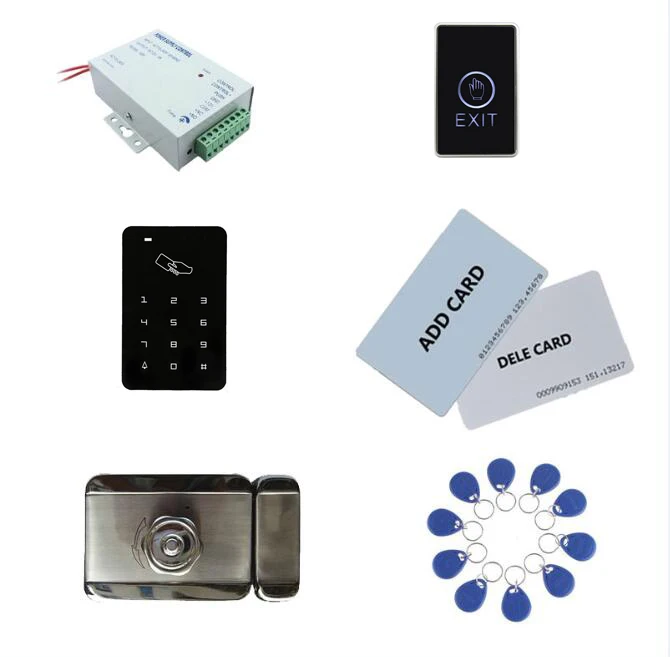 

Access Control Kit,Standalone Access Control +Power+ Inteligent Mute Lock+ Exit Button+2 Manage Card,10 Keyfob ID Tags,Sn:Set-9