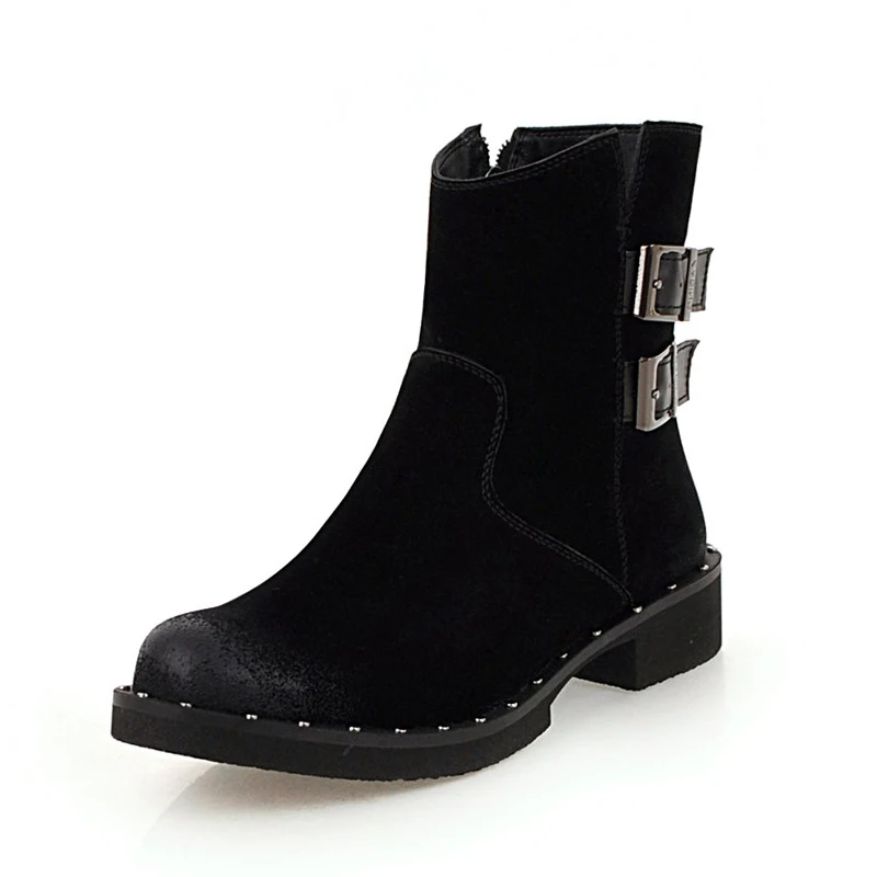 WETKISS/ботильоны размера плюс женская замшевая обувь женская обувь с острым носком и заклепками ковбойские ботинки на толстом каблуке г - Цвет: black short plush