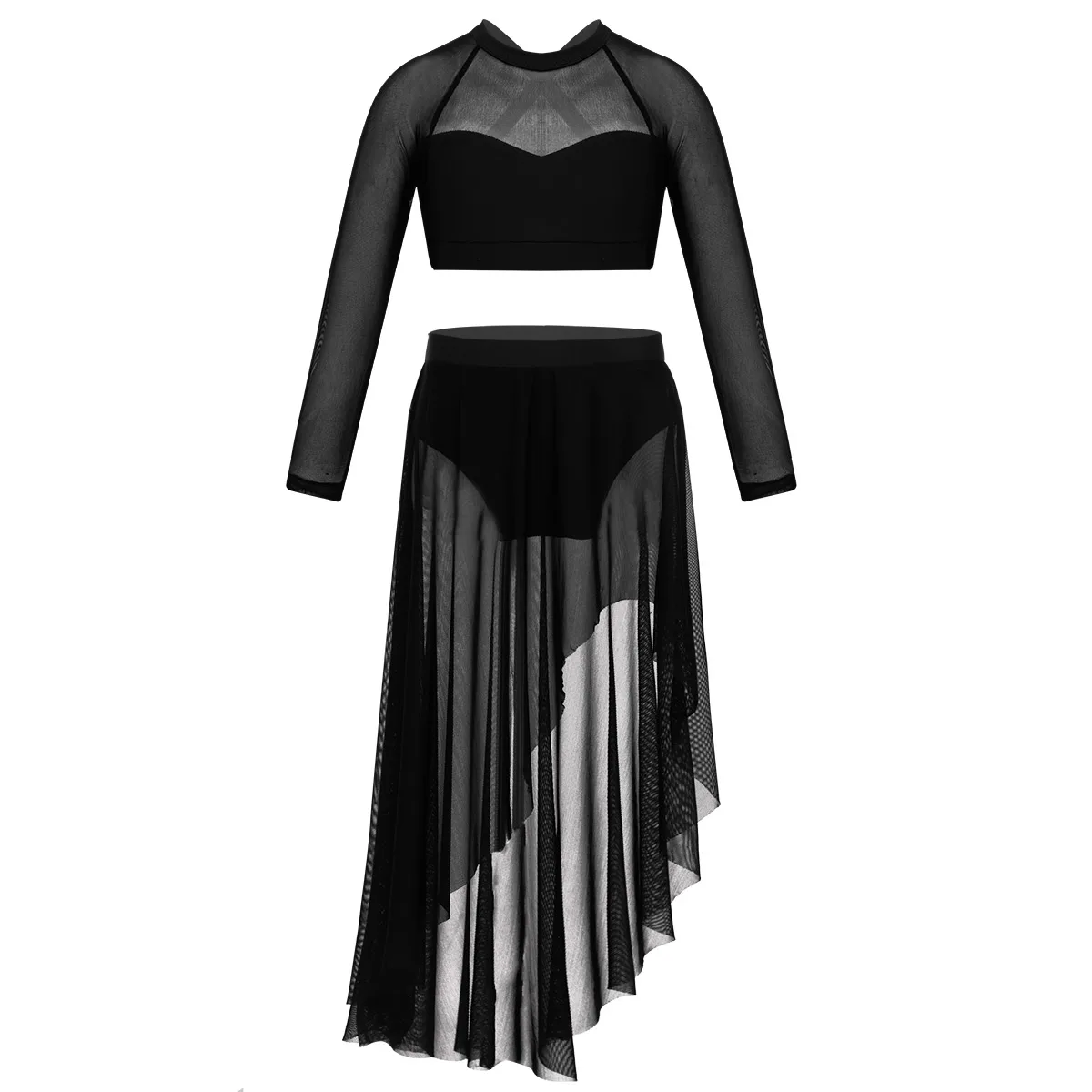 

Kids Girls Long Sleeve X-Back Crop Top with Tulle Skirt Set for Celebration of Spirit Praise Lyrical Dance Stage Performance