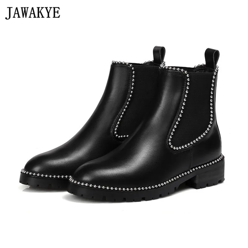 

Real leather punk style rivets studded Ankle Boots for women string beaded martin Booties Zapatos Mujer Chelsea winter shoes