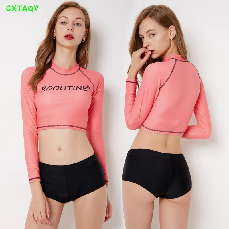 

Pink Top Long Sleeve Rash Guard Black Brief Swimwear Two Piece Swimsuit Beach Bathing Surfing Diving Suit maillot de bain Fille