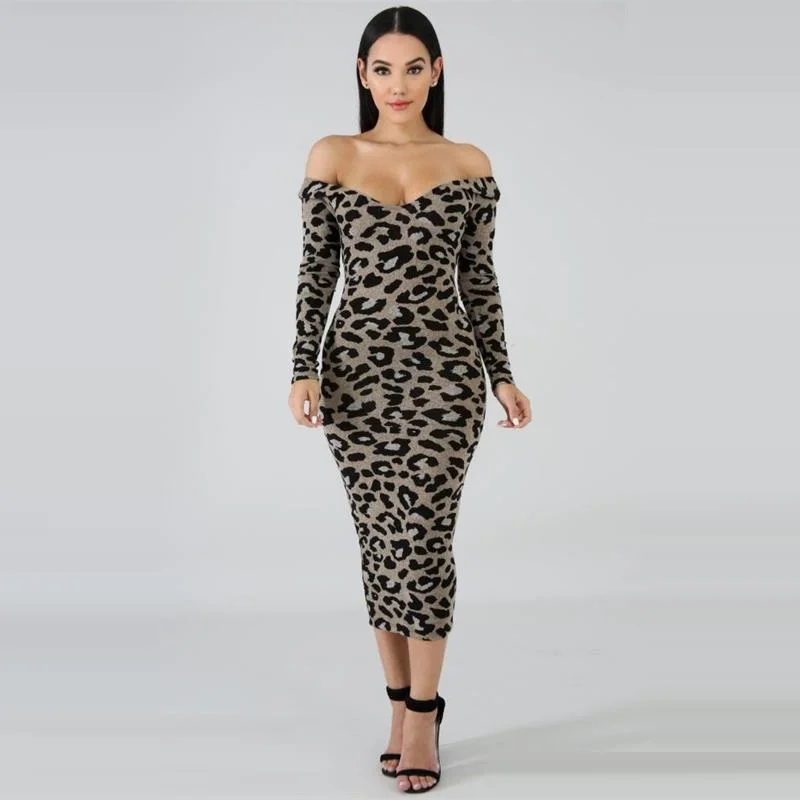 

Leopard Print Women Bodycon Dress Sexy V Neck Off Shoulder Long Sleeve Club Party Dresses Female Outfits 2018 Ladies Dresses