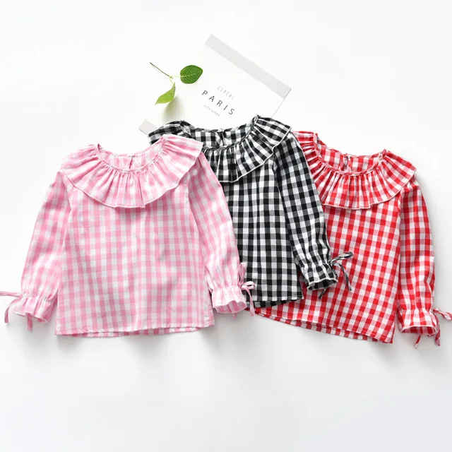 2018 Spring Baby Girls Full Sleeve Blouse Children Plaid Ruffles Collar Shirt Top Kids Flare Sleeve Jumper Girls Clothes