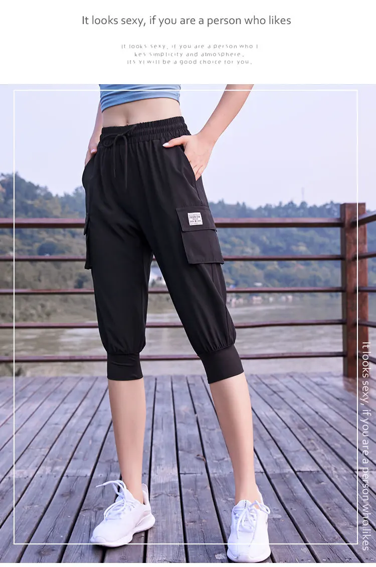 Loose large pocket yoga running fitness casual sports pants women's cropped trousers quick-drying