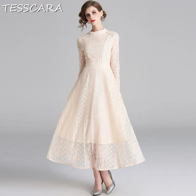 

TESSCARA Women Autumn Elegant Lace Dress Festa Female High Quality Long Maxi Wedding Party Robe Femme Slim Designer Vestidos