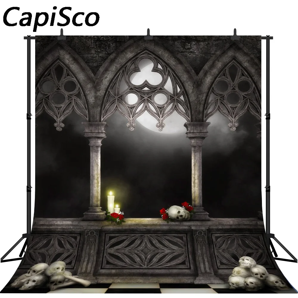 

Capisco Halloween Backdrop Ancient Castle Skulls Candles Flowers Strange Photography Backdrops Customize for Photo Studio