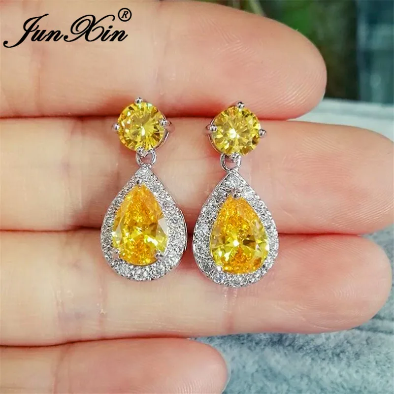 Yellow Earrings JUNXIN серьги-капли с кристаллами грушевидной огранки для женщин, 925 пробы, заполненные серебром, белый, желтый, розовый, зеленый, голубой камень, серьги-капли - Окраска металла: Yellow Earrings