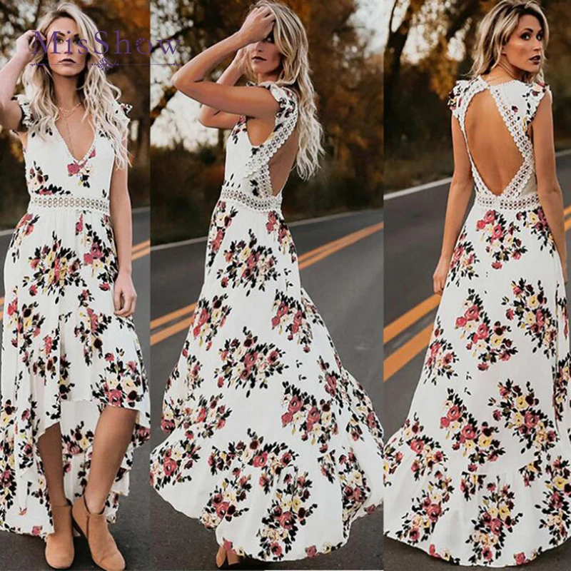 

MisShow Women Sexy Floral Print Maxi Summer Dresses 2019 Bohemia V-neck Chiffon Backless Beach Female Hi-Lo Style Dress