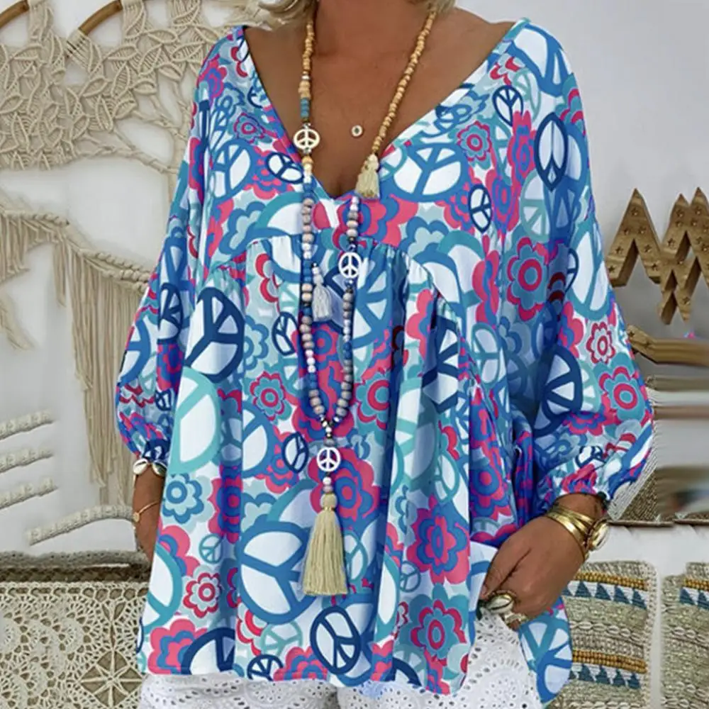 

2019 Womens folk custom shirt summer Large size loose fashion long-sleeved Casual print V-neck womens pullover blouse Tops NEW