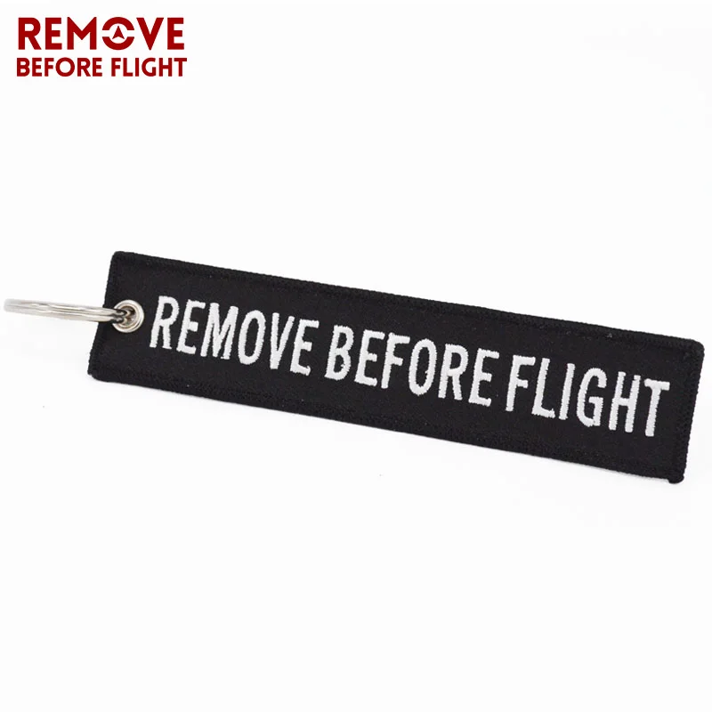 REMOVE BEFORE FLIGHT Keyings Special Luggage Tag Label Black Embroidery Key Ring Chain Aviation Gifts OEM Keychain Key Fobs Easy Reach key fob
