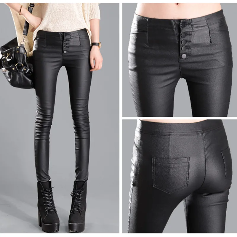 lady PU Faux black leather leggings high strech slim fitness sexy leather pants women button down Free Shipping